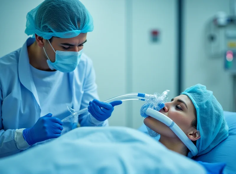 A medical professional attending to a patient with a ventilation mask.