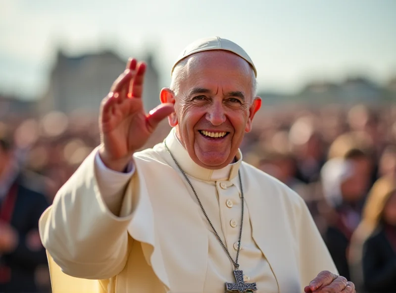 Pope Francis during a public appearance, smiling and waving to the crowd.