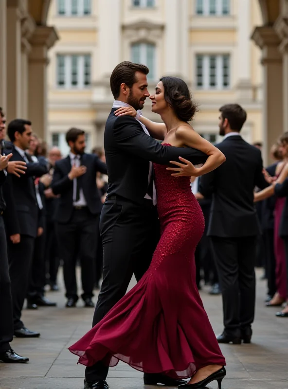 Image of tango dancers performing in front of a hospital.