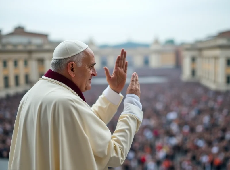 Pope Francis waves to a crowd from a balcony.