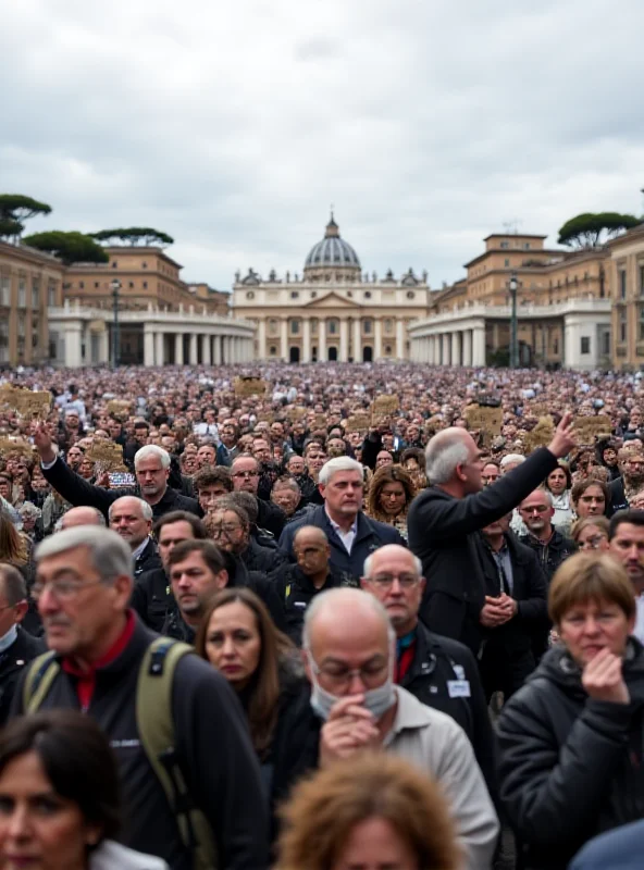 Crowd of people in a public square, some holding signs with religious imagery