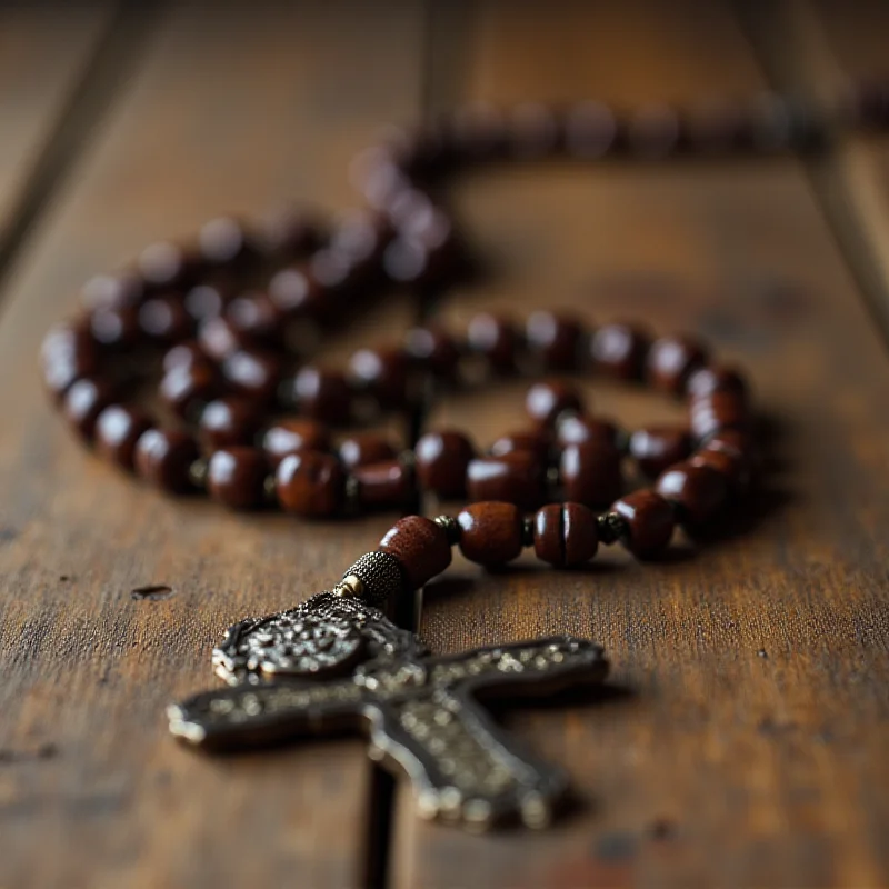 Close-up image of rosary beads, symbolizing prayers for Pope Francis' health.