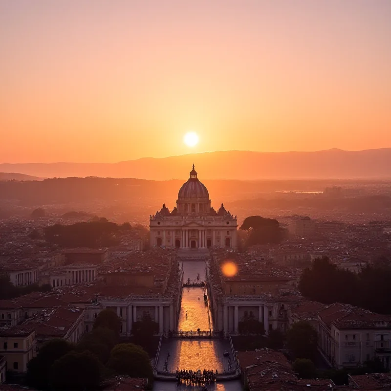 A panoramic view of the Vatican City at sunset.