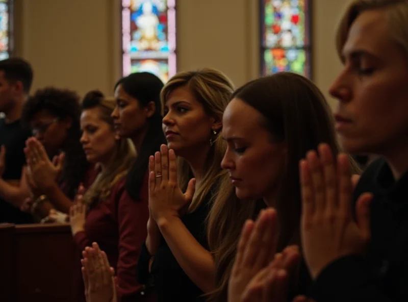 A group of people praying together in a church.