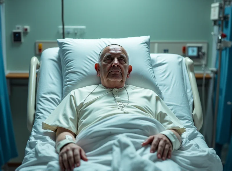 Pope Francis in a hospital bed, receiving medical care, looking serene.