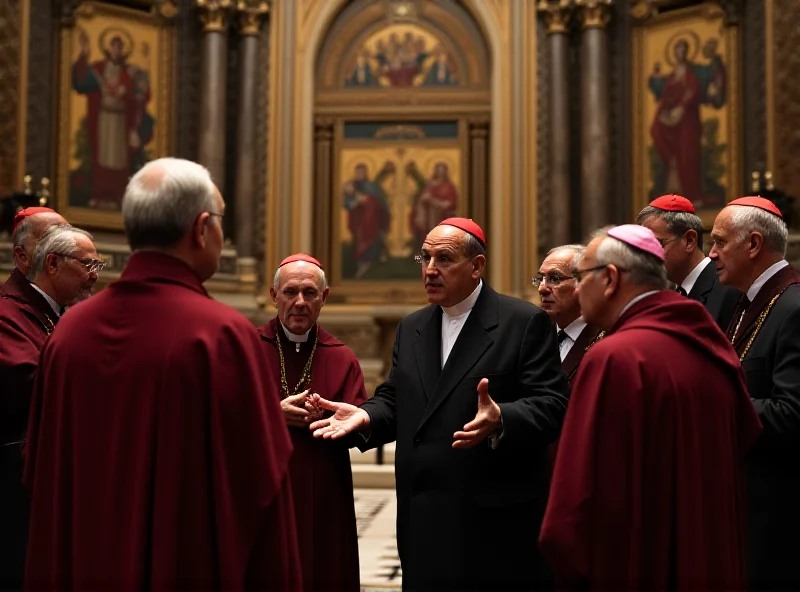 A group of Catholic Bishops in formal attire, engaged in a serious discussion within a grand Vatican hall.