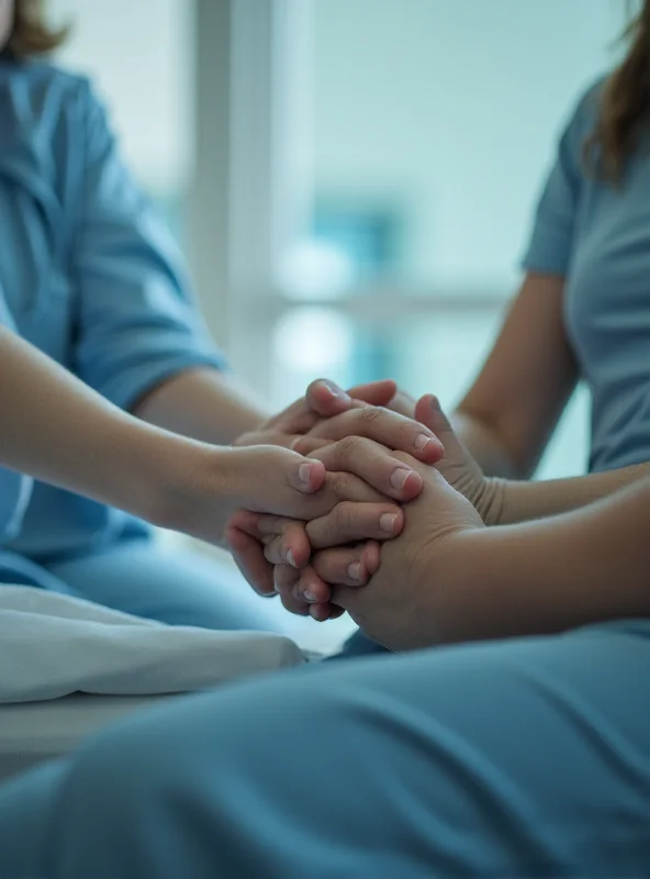 A person sitting by a hospital bed, holding hands with a patient.