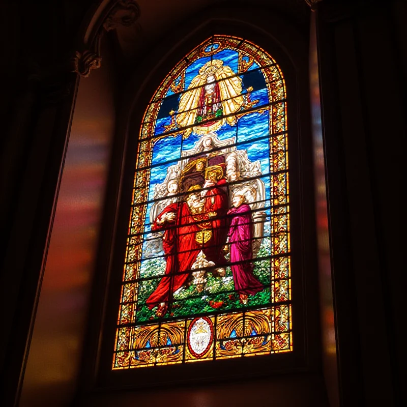 A stained glass window depicting a religious scene.