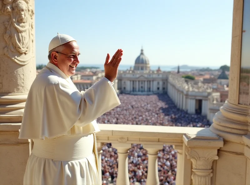 Pope Francis waving to a crowd from the Vatican balcony.