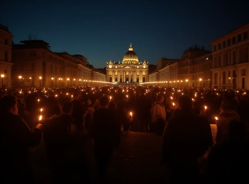 St. Peter's Square at night, filled with people praying.