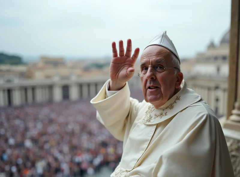 Pope Francis waving to a crowd from a balcony