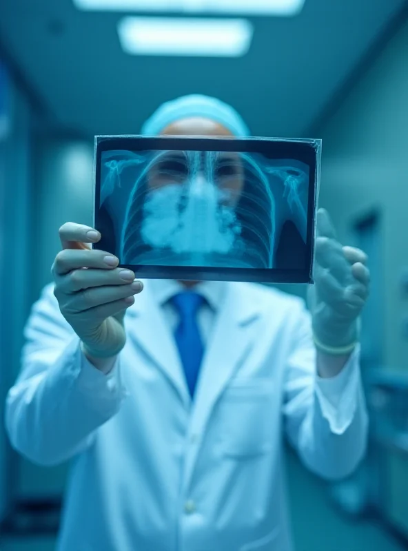 A doctor examining an x-ray in a hospital room.