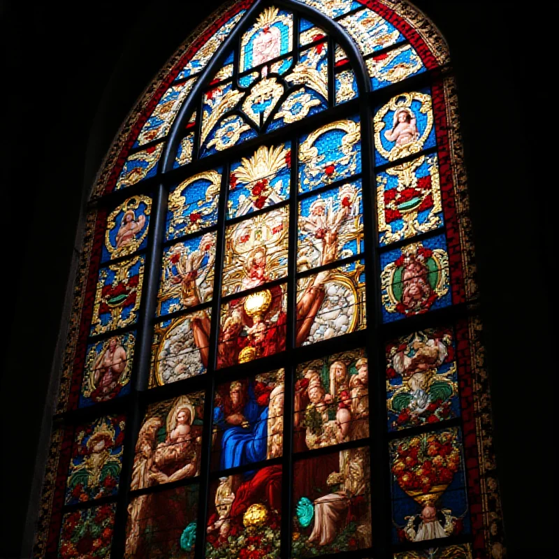 A stained glass window depicting a religious scene.