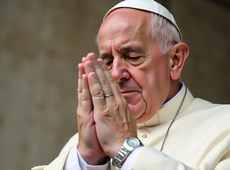 Pope Francis in prayer, looking peaceful and serene.