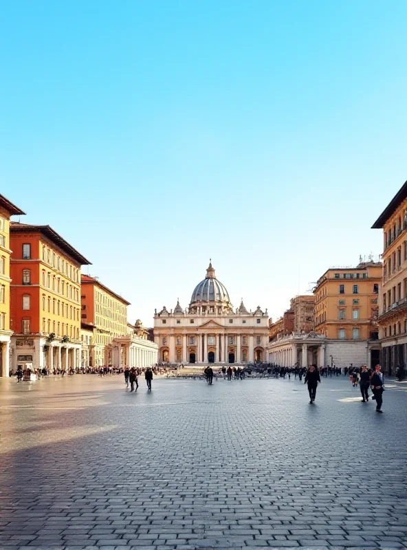 A depiction of the Vatican, with St. Peter's Basilica in the background, bathed in warm sunlight.