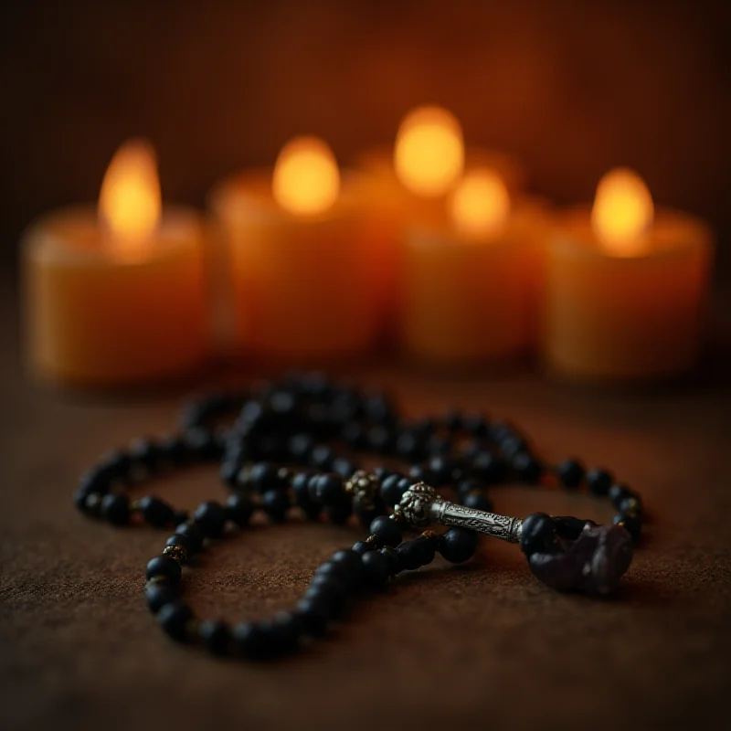 Close-up of rosary beads, out of focus background with candles.