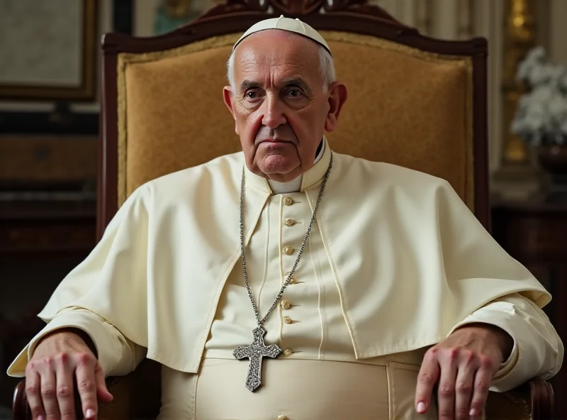 Pope Francis sitting in an armchair, looking thoughtful, with a warm light illuminating him.