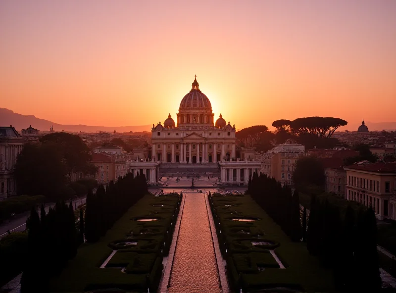 A serene image of the Vatican City skyline at sunset, with St. Peter's Basilica in the foreground.