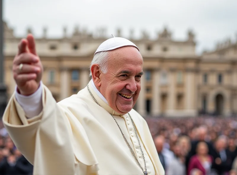 Pope Francis smiles warmly while greeting a crowd. He is wearing his white papal garments and zucchetto. The background shows St. Peter's Square with many people gathered.