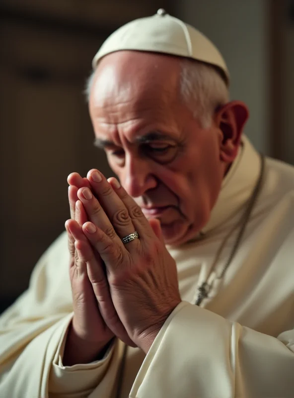 A close-up shot of Pope Francis's hands clasped in prayer. He is wearing his papal ring. The background is blurred but suggests a church setting.