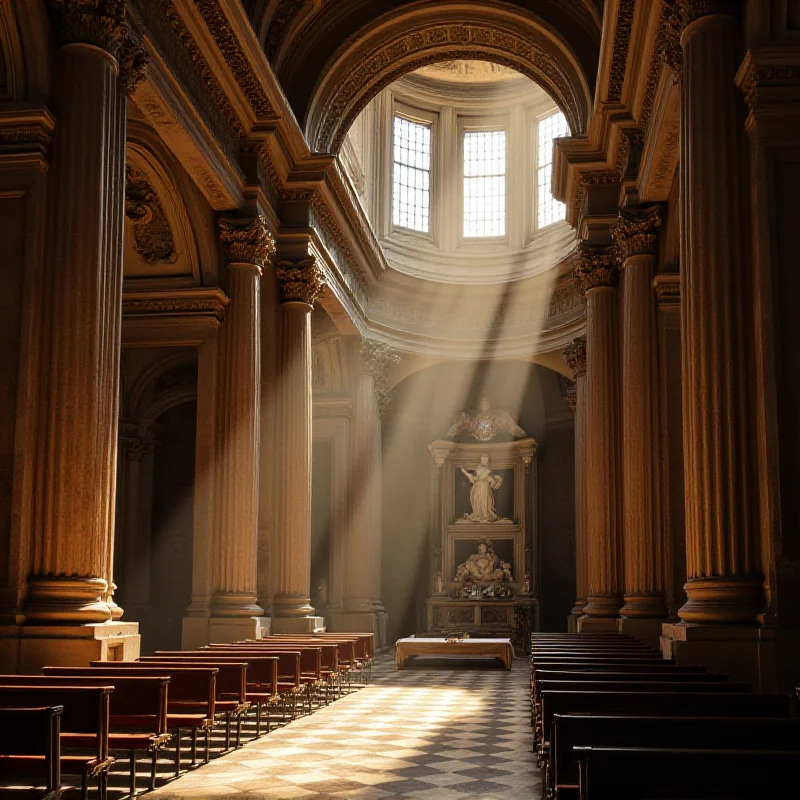 An interior view of St. Peter's Basilica, showing the altar and the surrounding architectural details. Light streams in through the windows, illuminating the space.