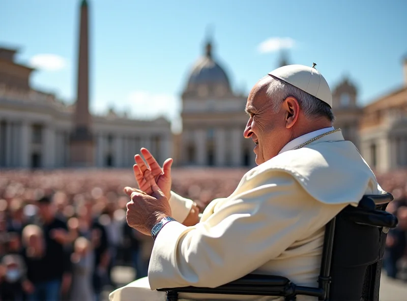 Pope Francis in a wheelchair, smiling and waving to a crowd.