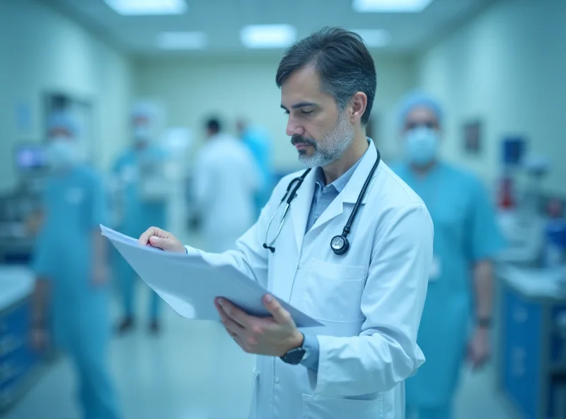 A doctor examining a medical chart, with a stethoscope around their neck.