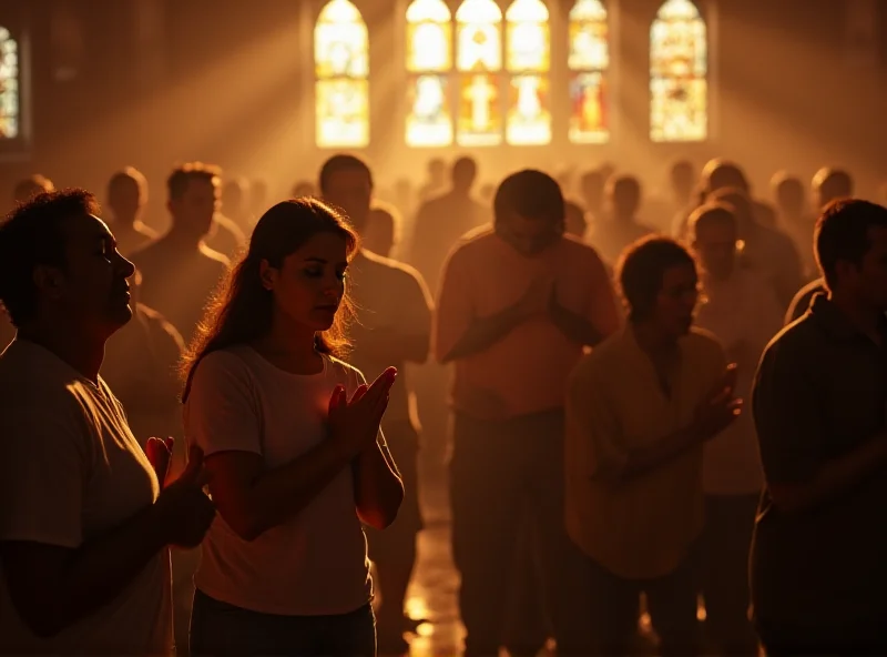 A diverse group of people praying together in a church.