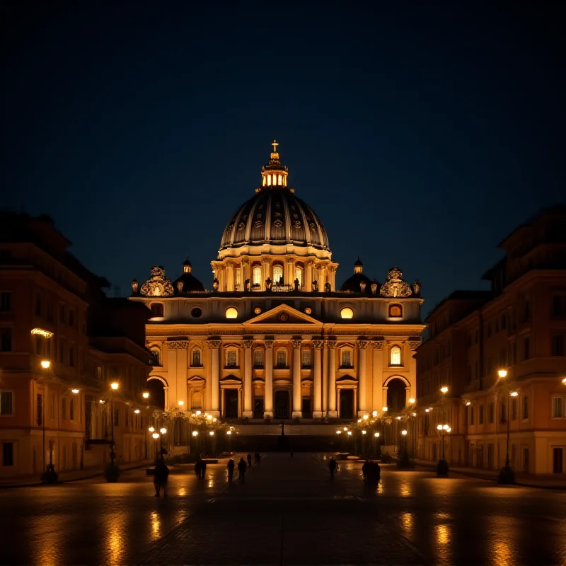 The Vatican at night, illuminated with soft light.