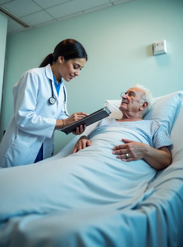 A doctor checking on a patient in a hospital bed.