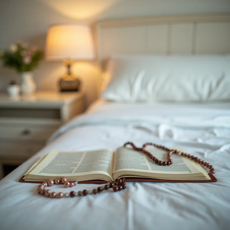 A rosary and a bible on a nightstand beside a hospital bed.