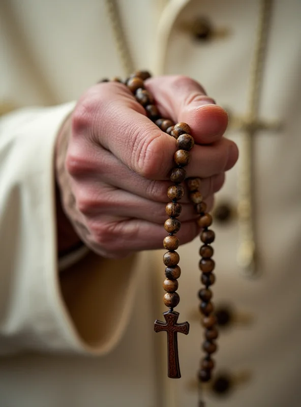 A close-up photo of the Pope's hand holding a rosary, symbolizing his faith and resilience.