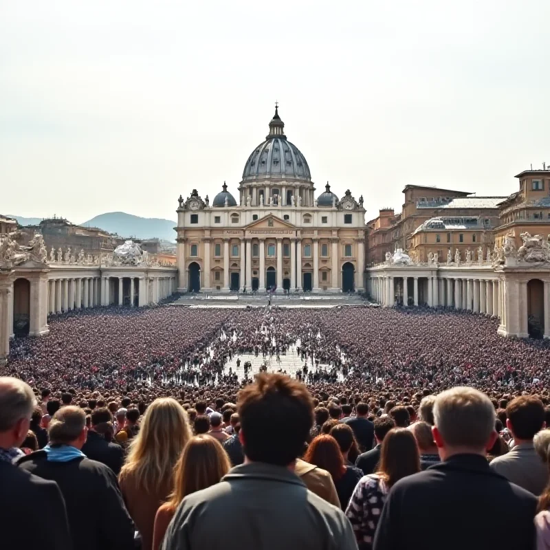 A wide shot of St. Peter's Square, Rome, with people gathered in prayer and anticipation.