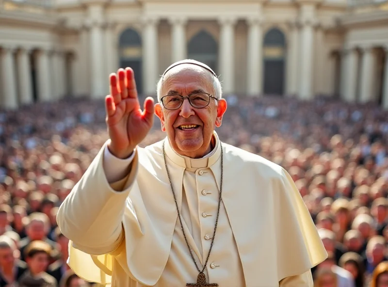 Pope Francis waving to a crowd from a balcony