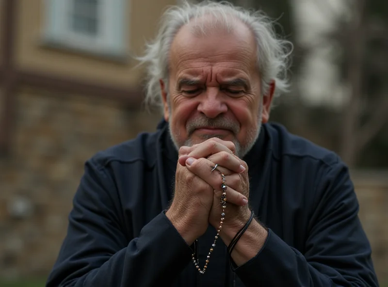 A man praying with rosaries in front of a hospital