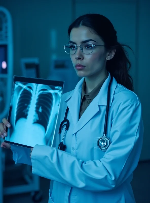 A doctor examining a chest X-ray or CT scan