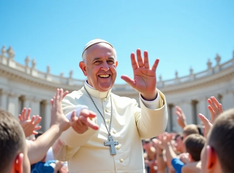 Pope Francis smiling and waving to a crowd.