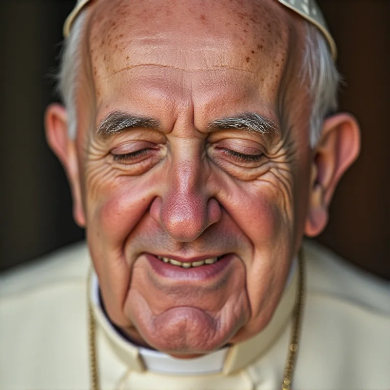 Close-up photo of Pope Francis' face, looking peaceful and serene.