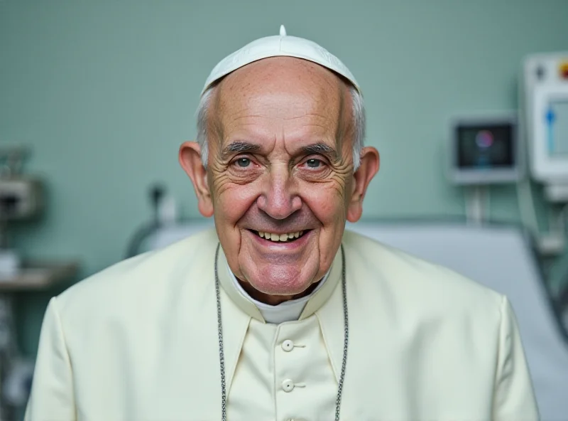 Pope Francis in the Gemelli hospital, looking frail but smiling slightly.