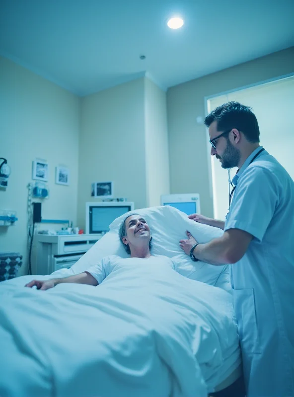 A doctor examining a patient with a stethoscope in a hospital room.