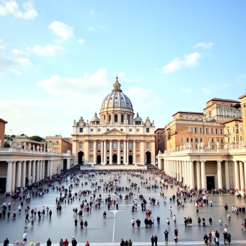 A panoramic view of St. Peter's Square in Vatican City, filled with people.