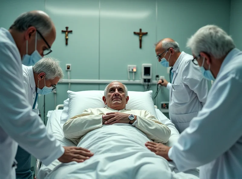 Pope Francis in a hospital bed, receiving medical attention