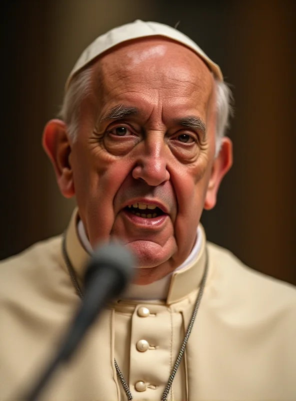 A close-up of Pope Francis speaking into a microphone