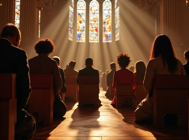 A group of people praying in a church.