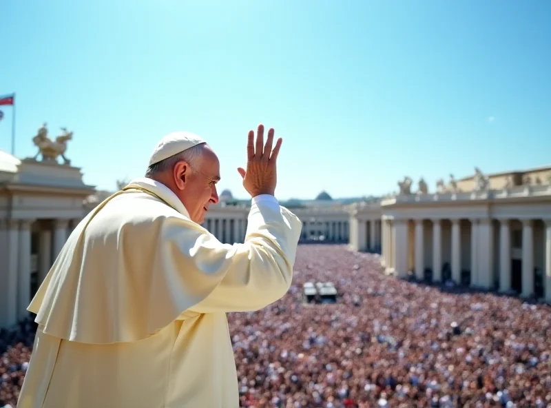 Pope Francis waves to a crowd from a balcony at the Vatican.