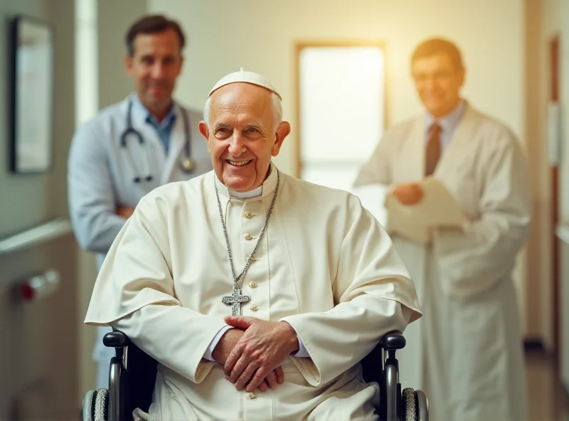 Pope Francis smiling gently while sitting in a wheelchair in a bright hospital room, attended by a doctor and nurse. The scene conveys a sense of hope and recovery.