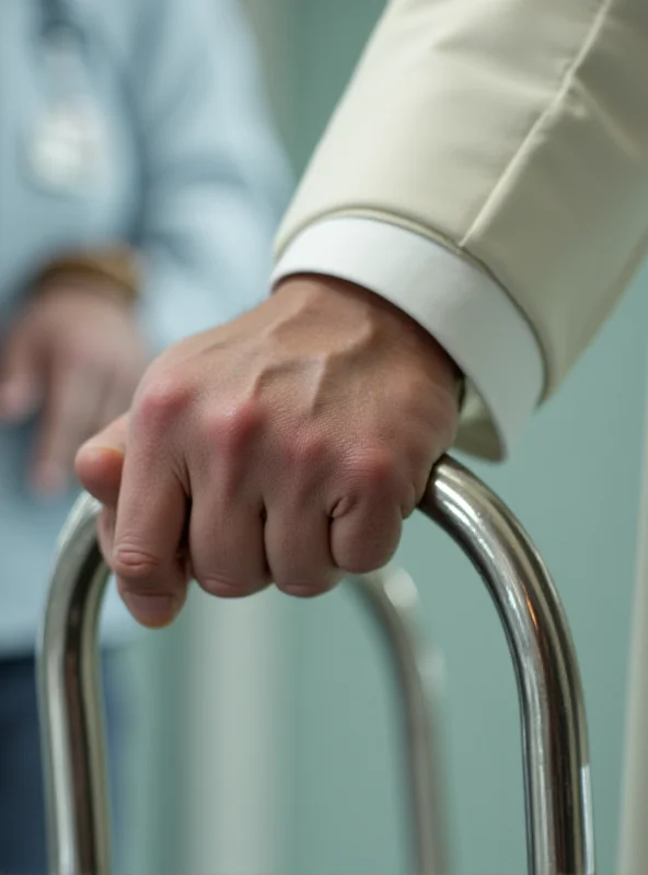 Close-up on the hands of Pope Francis as he grips the handrails of a walking aid, suggesting he's beginning physical therapy. A blurred hospital background indicates the setting.