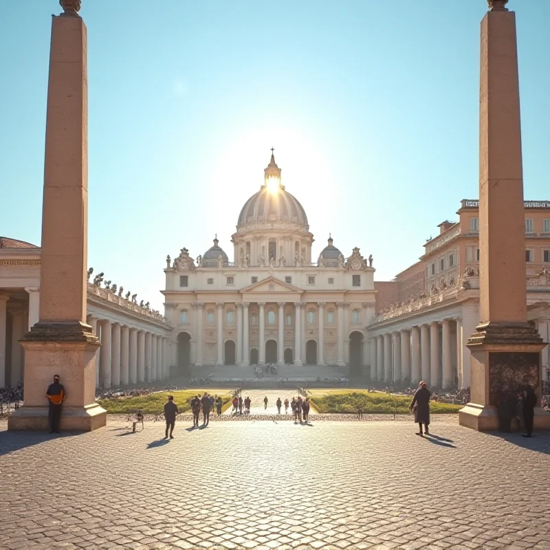 A wide shot of the Vatican, with St. Peter's Basilica in the background. The scene is bathed in warm sunlight, symbolizing hope and prayer for Pope Francis's recovery.