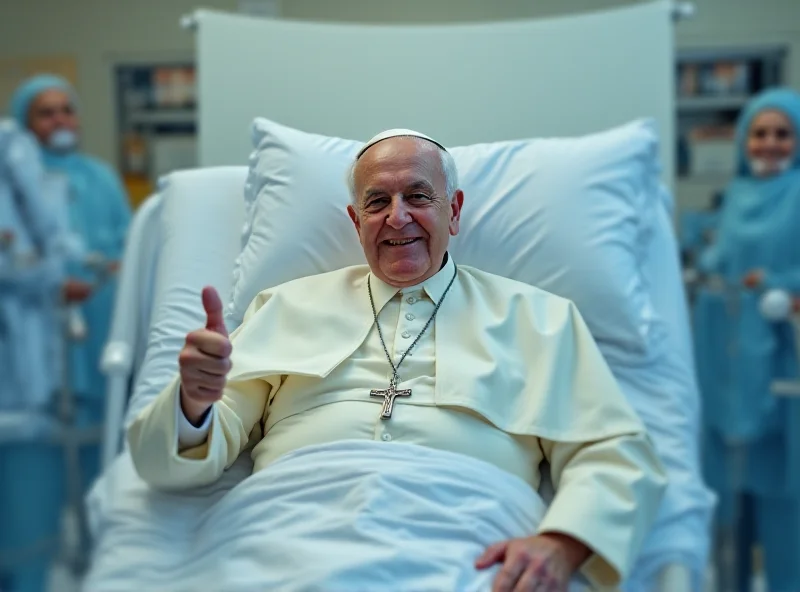 Pope Francis in a hospital bed looking weak but giving a small smile and a thumbs up, doctors and nurses surrounding him in support.