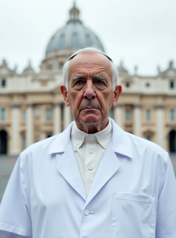 A solemn-looking doctor in a white coat standing in front of the Vatican, looking concerned. The sky is overcast.